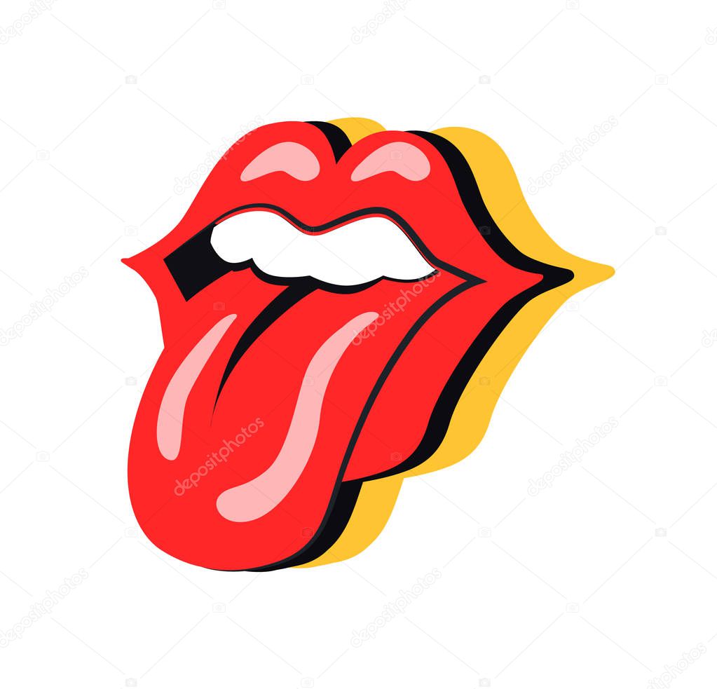 Rock symbol mouth with tongue sticking out. Person showing teeth, make up on woman lips. Sign of rock music band icon isolated on vector illustration