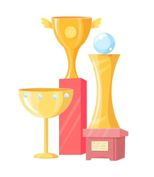 Tres copas de oro aisladas sobre fondo blanco — Vector de stock