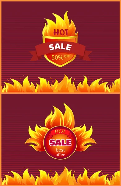 Best Offer Hot Sale Badge Promo Offer Burning Fire — Stock Vector