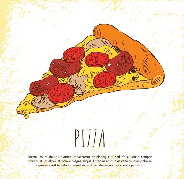 Pieza de pizza aislada en el cartel de fondo brillante — Vector de stock