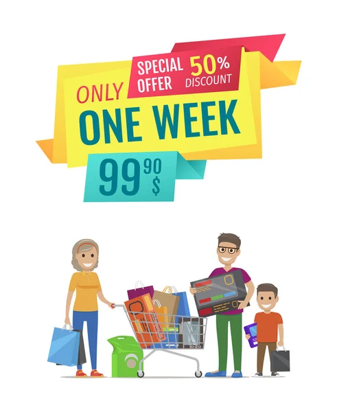 Offerta speciale banner vettoriale con persone che fanno shopping — Vettoriale Stock