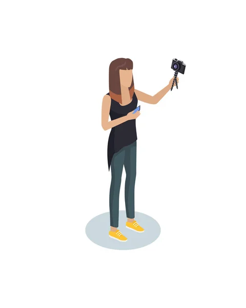 Chica con cámara y Smartphone Persona isométrica — Vector de stock