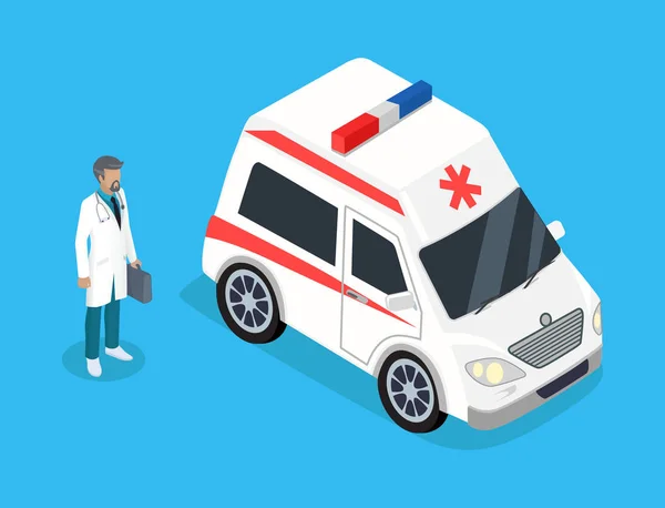 Paramédico con kit de medicina y coche de ambulancia — Vector de stock