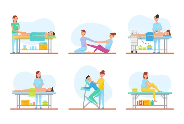 Métodos de Massagem de Ícones Masseuses Set Vector — Vetor de Stock