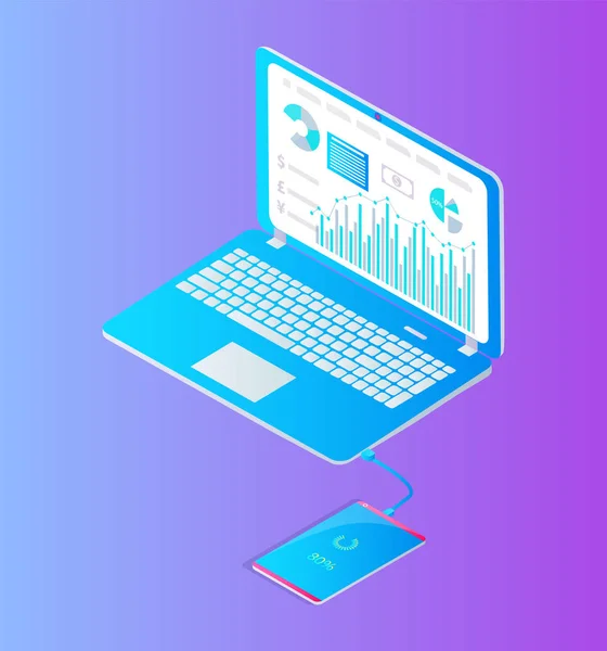 Diagramas de laptop e gráficos na tela Smartphone — Vetor de Stock