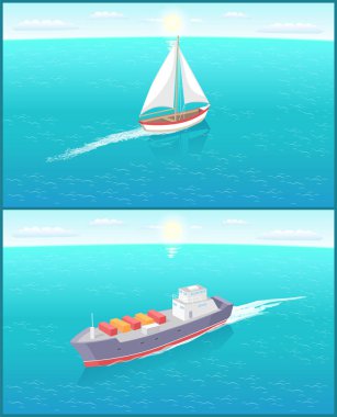 Beyaz canvas ve masmavi sularda yelken kargo gemisi ile teknem ile yelken ve iz bırakmak. Manzarası en modern yat gemi deniz kişisel tekne simgeleri