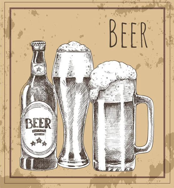 Стекло пива, бутылка и кружка винтажный рекламный плакат — стоковый вектор