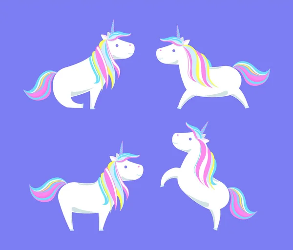 Unicornios blancos felices Color arco iris melena y cuerno — Archivo Imágenes Vectoriales