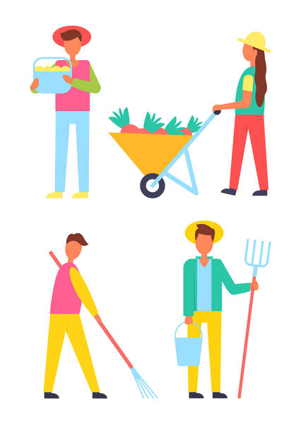 Набор икон для сбора урожая. Фермеры работают на земле, используя граблями вилы и ведра. Сезон сбора фруктов и овощей, осенний вектор работ
