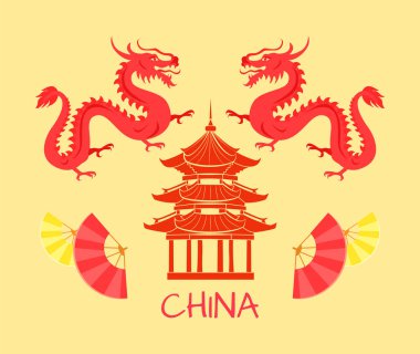 Çin ve Çin mimarisi işaretleri vektör ayarla