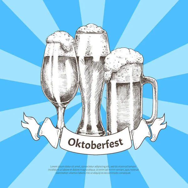 三杯啤酒眼镜配啤酒节丝带海报 — 图库矢量图片