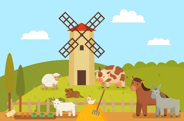 Illustration vectorielle des moulins à vent et des paysages agricoles — Image vectorielle