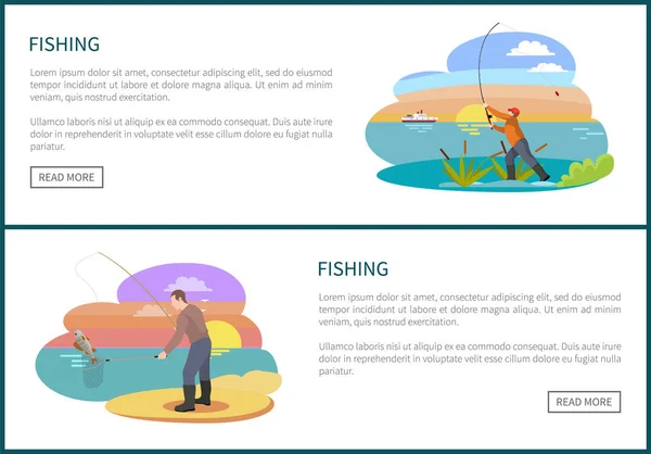 Fischer mit Angelrute und Fischvektorskizze — Stockvektor