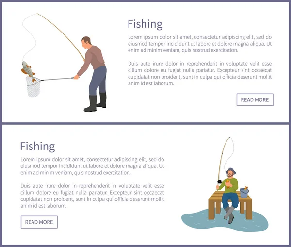 Pescatore Pesca da Piattaforma e da Banca — Vettoriale Stock