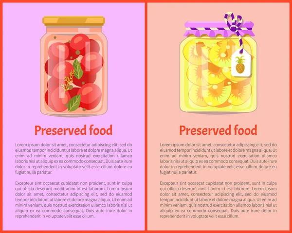 Preservados afiches de comida con tomate y piña — Vector de stock