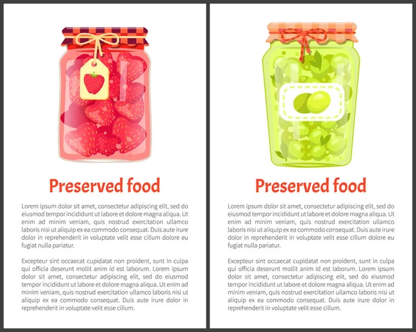 Aceitunas y fresas Conservación de alimentos frascos de vidrio — Vector de stock