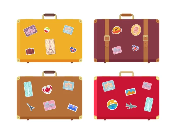 Luggage Traveling Bags with Stickers Set Vector — Stock Vector
