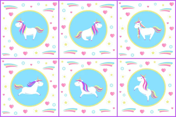 Unicorn Set of Creatures with Drawn Icons Vector - Stok Vektor