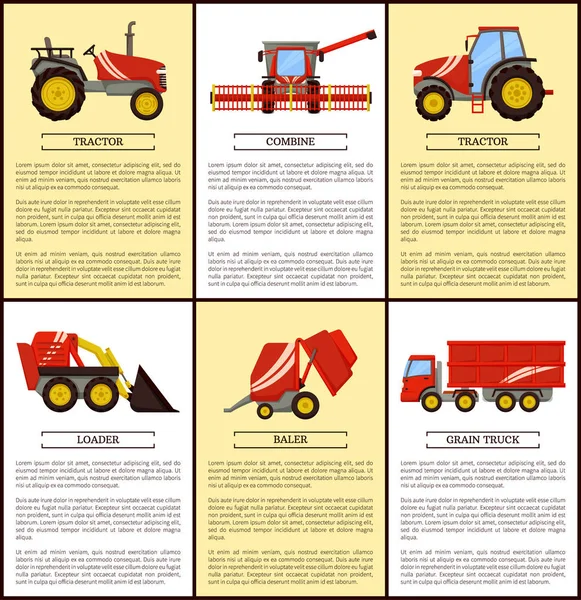 Zemědělské Stroje Set Kreslené Vektorové Nápis Kombinovat Zavaděče Malé Kompaktní — Stockový vektor
