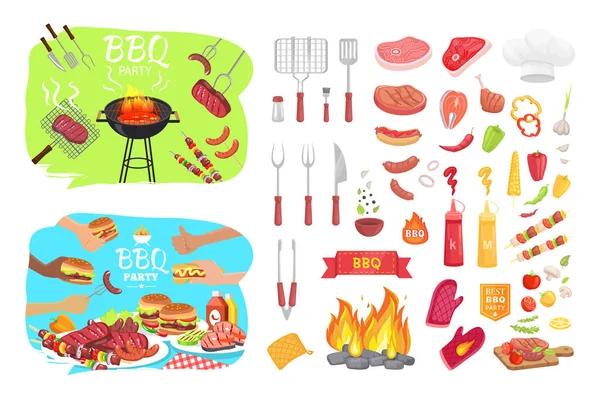 BBQ fél poszter és ikonok vektoros illusztráció — Stock Vector