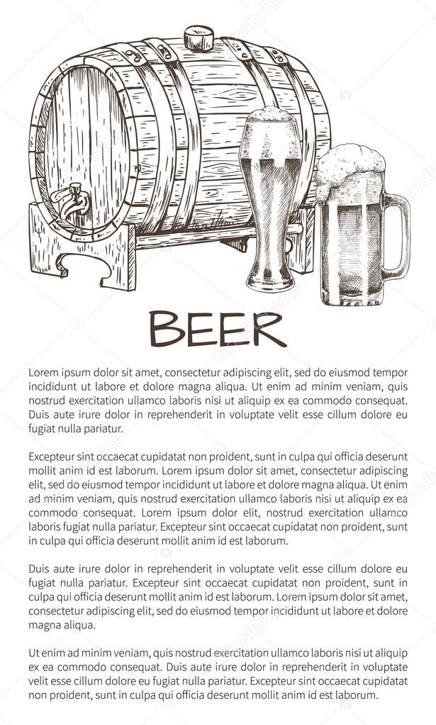 Wooden barrel of draft beer, two glasses of brewery with hight foam hand drawn monochrome vector illustration on neutral backdrop with text sample.