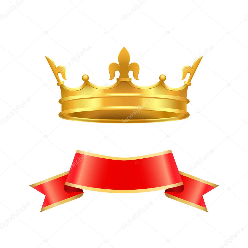Ribbon and crown icons set closeup. Coronet made of gold with cross and decorative elements. Empty red banner with yellow edges isolated on vector
