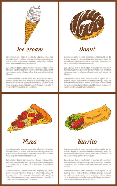 Παγωτά και γλυκά ντόνατ με πίτσα και Burrito — Διανυσματικό Αρχείο