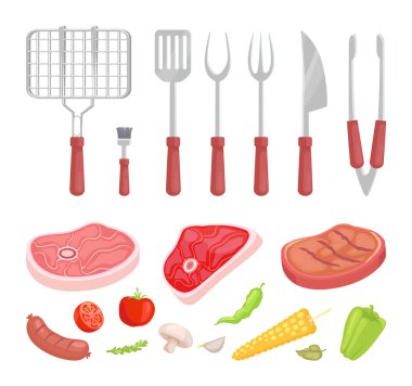 Barbekü barbekü araçları ve et vektör çizim
