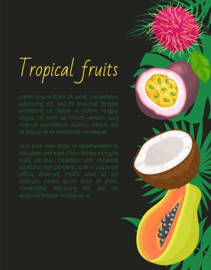 Tropikal meyve afiş egzotik yiyecek ve yaprakları ile