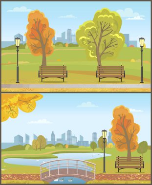 Cityscape ile sonbahar Sonbahar Park vektör ayarla