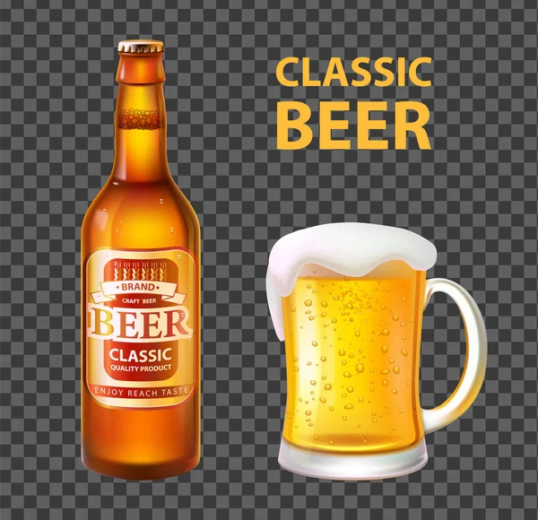 Cerveja em garrafa e caneca Vetor realista isolado — Vetor de Stock