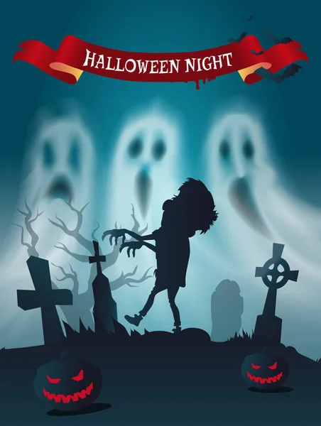 Feliz Cementerio de Halloween con Zombie Poster Vector — Vector de stock