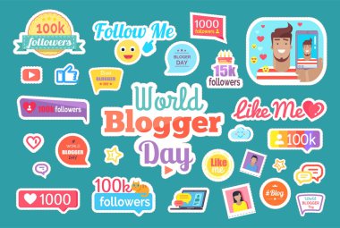 Dünya blogger günü, ver düğmesini izole çıkartmaları kümesi vektör izleyin. Telefon ile erkek sohbet ile dizüstü akış ekran kutuları. Seviyor ve takipçileri