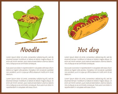 Şehriye ve Hot Dog yiyecek vektör poster götürün