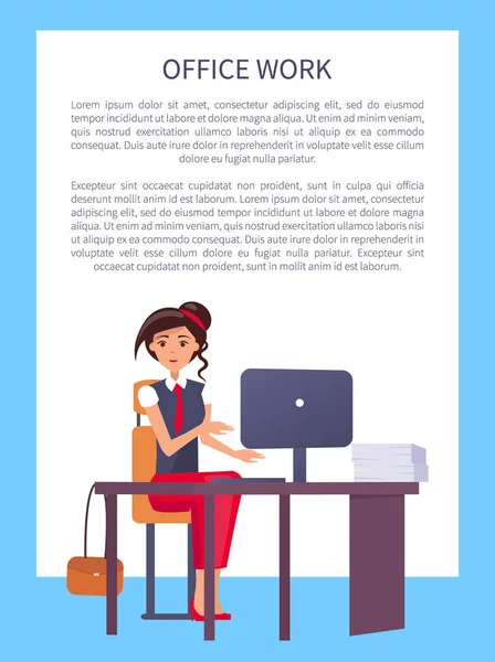 Consideravelmente mulher escritório local de trabalho digitação no computador — Vetor de Stock