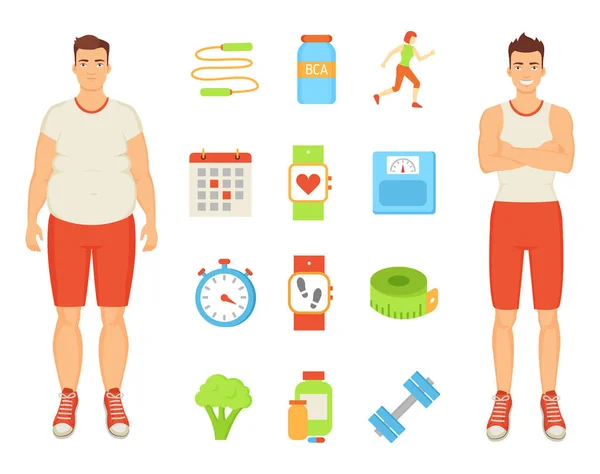 スポーツとダイエット男性とアイコンのベクトル図 — ストックベクタ