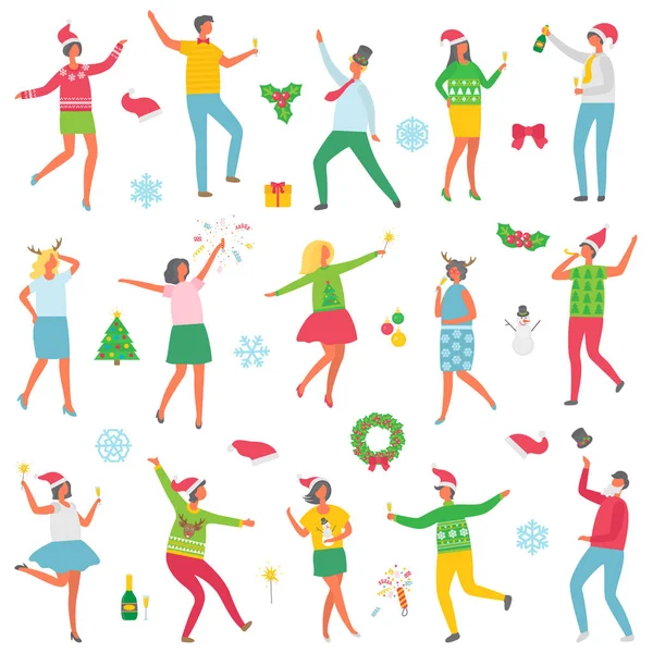 Christmas Party People Celebration Set Vector — Stock Vector