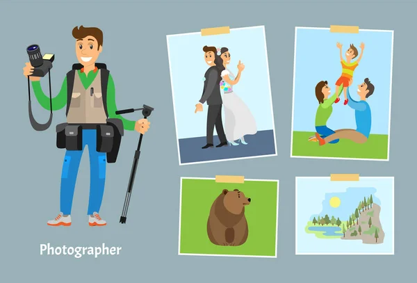 Photographer with Digital Camera and Photos Set — Stock Vector