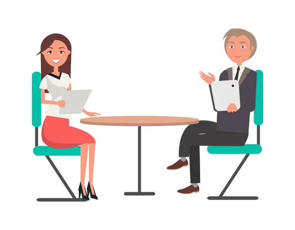 Мужчина и женщина на деловой встрече за круглым столом — стоковый вектор