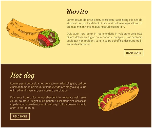 Burrito Hotdog Fastfood Ingesteld Voedzame Maaltijd Gemaakt Van Brood Groenten — Stockvector