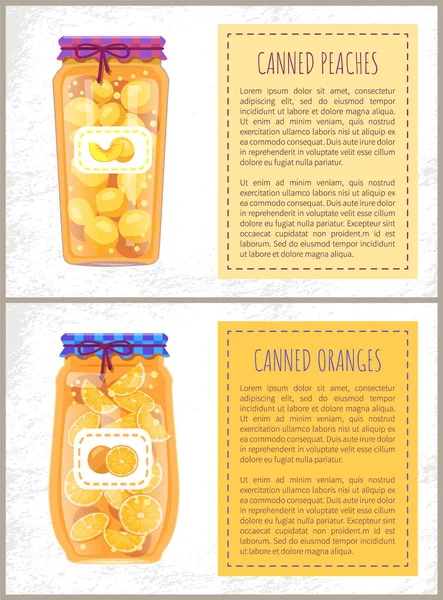 Conjunto de pancartas de rodajas de naranjas y melocotones enlatadas — Vector de stock