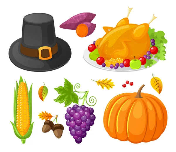 Día de Acción de Gracias de Calabaza Set de iconos de maíz Vector — Archivo Imágenes Vectoriales
