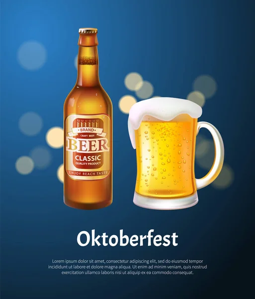 Oktoberfest Poster bira şişesi ve kupa ile — Stok Vektör