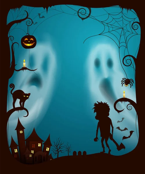 Halloween Ghosts and Night Spooky Cemetery Vector — Stockvector