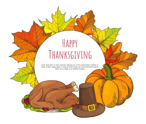 Affiche de Thanksgiving heureux et vecteur de plat de dinde — Image vectorielle