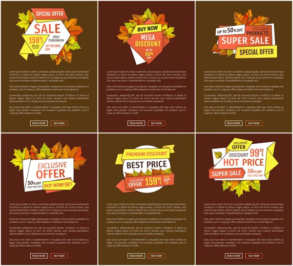 Promo Automne ou Automne Réductions moitié Prix Annonces — Image vectorielle