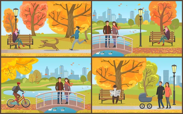 Pareja con Perambulador Caminando en el Parque Vector — Vector de stock