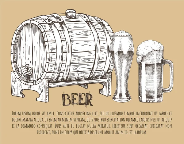 Cartel dibujado a mano de barril de cerveza y vidrio Vintage — Vector de stock