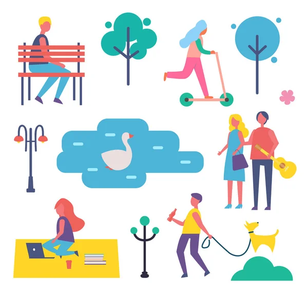 公園と夏のベクトル図の人々 — ストックベクタ