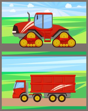 Traktör ve tahıl kamyon vektör çizim ayarla